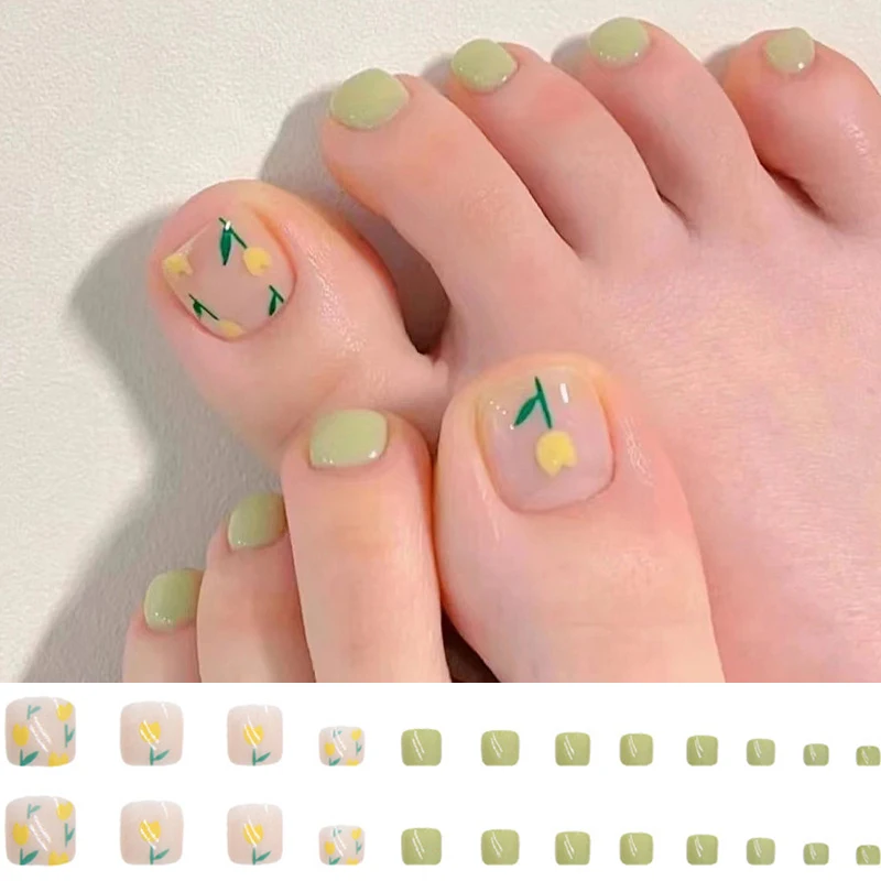 

Tulip Foot False Toenails 24pcs Foot Fake Toe Nail Tips And 1PC Glue French Full Cover Nail Stickers Sweet Nail Art Decoration
