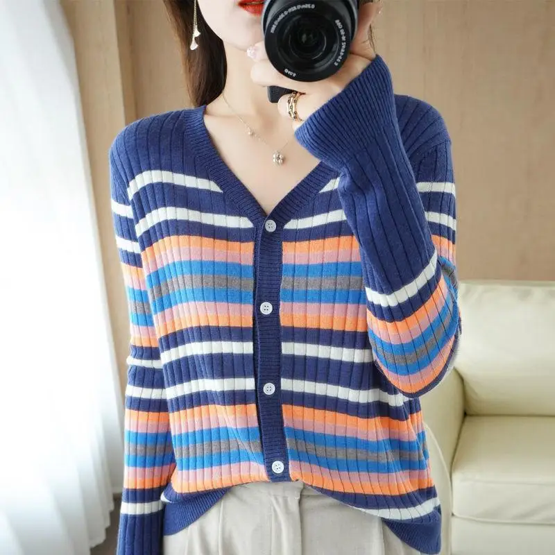 

Women Spring and Autumn New V-Neck Retro Striped Contrast Panelled Button Cardigan Sweater Loose Versatile Knit Long-sleeved Top