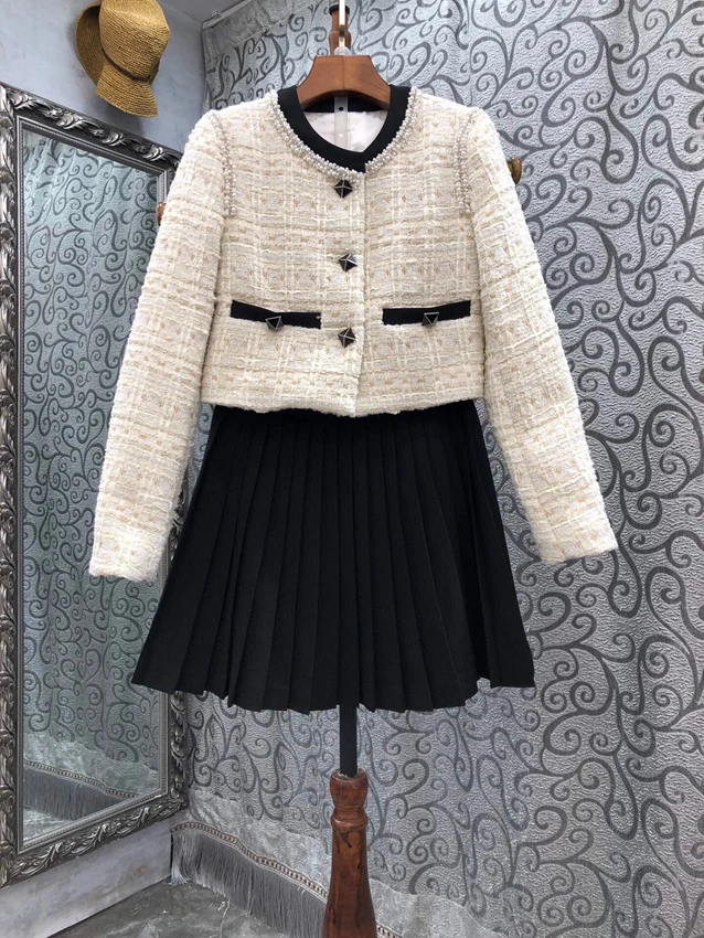 

2022 new women fashion suit wool short coat + pleated skirt 2-piece set 930