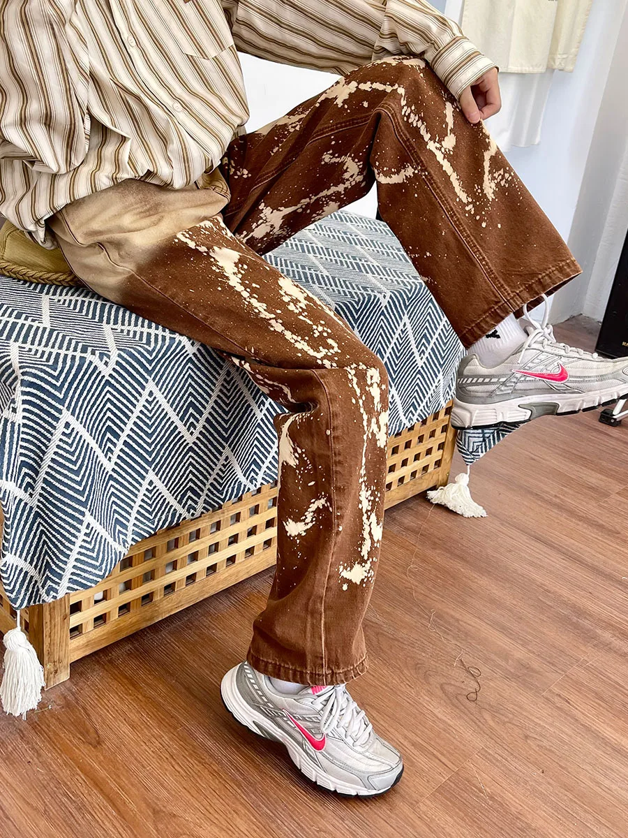 Four Seasons Men's Jeans Tie-dye Splash Ink Casual Straight Pants Trend Loose Spray Paint Wide Leg Pants Streetwear Ins Hot Sale