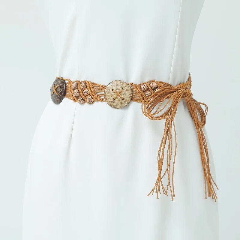 

Пояс в богемном стиле ретро Вощеная Веревка тканый женский этнический стиль Кокосовая ракушка кисточка Талия веревка поясная цепь