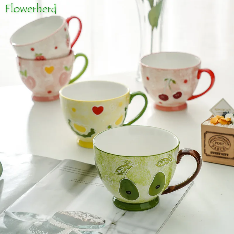 

Hand Painted Ceramic Milk Breakfast Cup Underglaze Color Tea Mugs Coffee Cups Girl Large-capacity Oatmeal Coffee Mug with Lid
