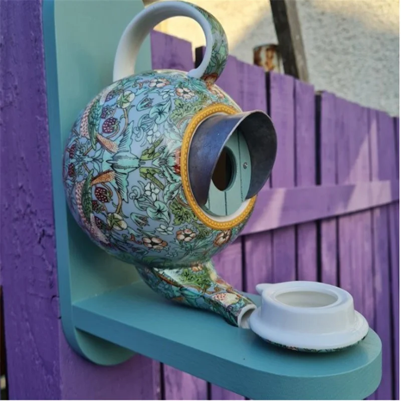 

William Morris Cyan Teapot Birdhouse and Feeder Ceramic Outdoor Hanging Wall Mount Bird Feeder Garden Home Wall Decor