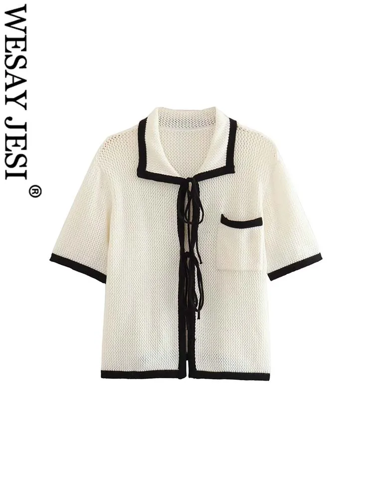 

WESAY JESI TRAF Summer Casual Tops Woman Solid Turn-Down Collar Hollow Out Pockets Short Sleeve Lace-Up Female Preppy Style Tops
