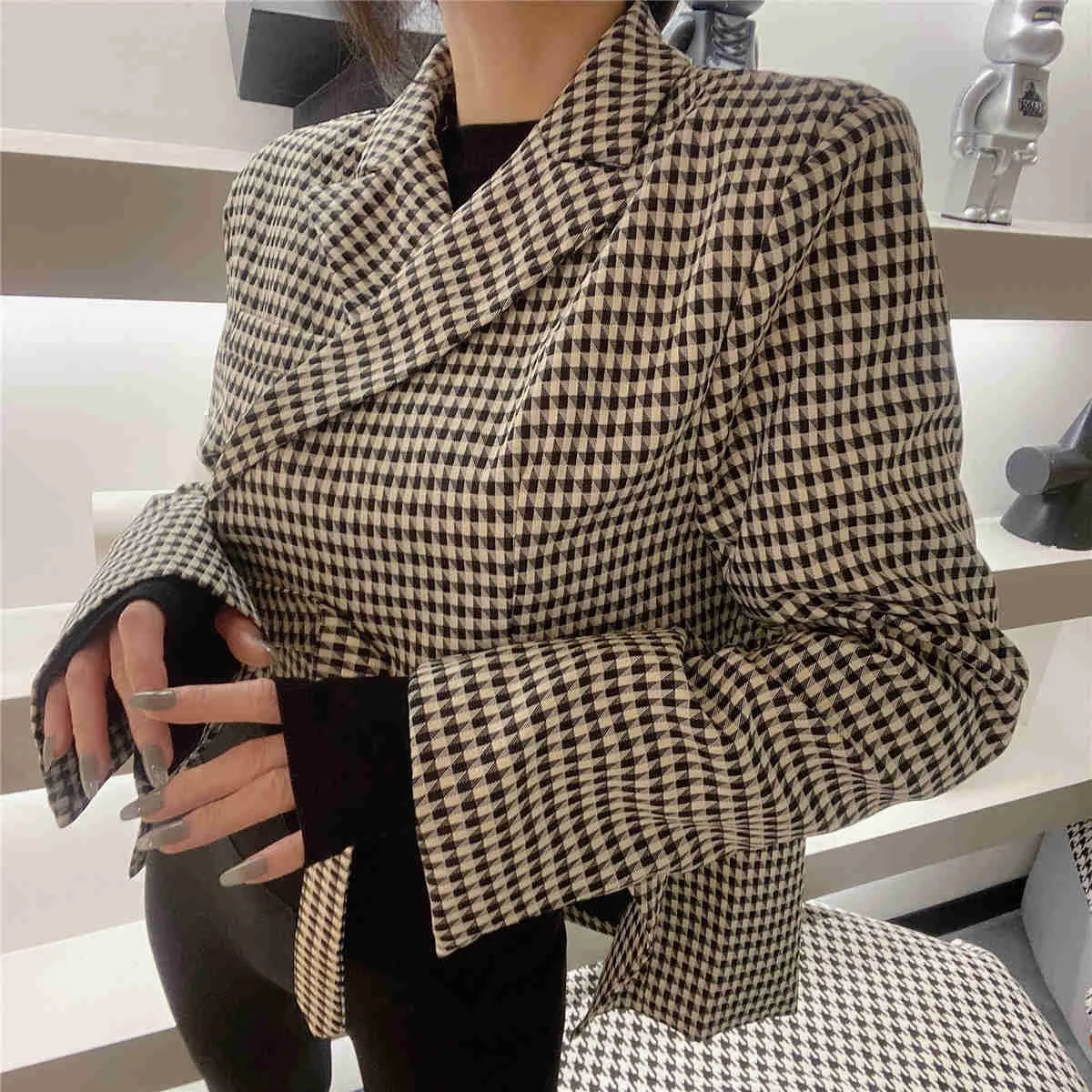 

Autumn Kawaii New 2022 Fashion Bird Lattice Blazers Coat Irregular Design Casual Top Korean Women Short Tops Winter PL5M