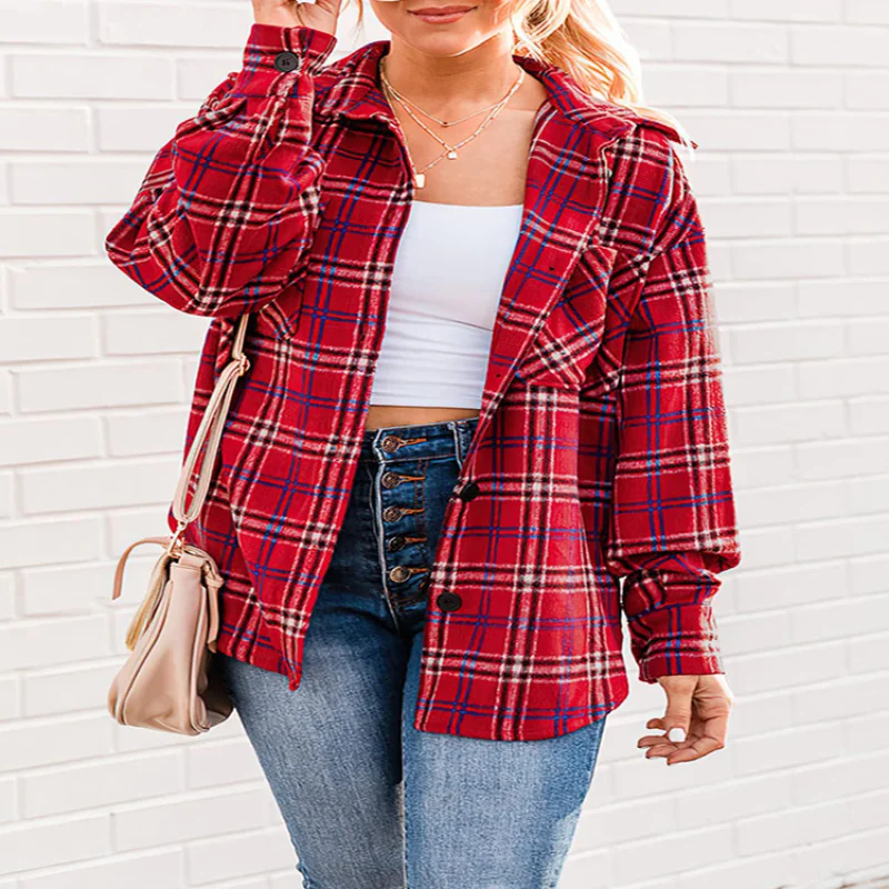 

Shirts 2022 Autumn Winter Plaid Shirt for Women Long Sleeve Blouse with Lapel Loose Shirt Womens Tops