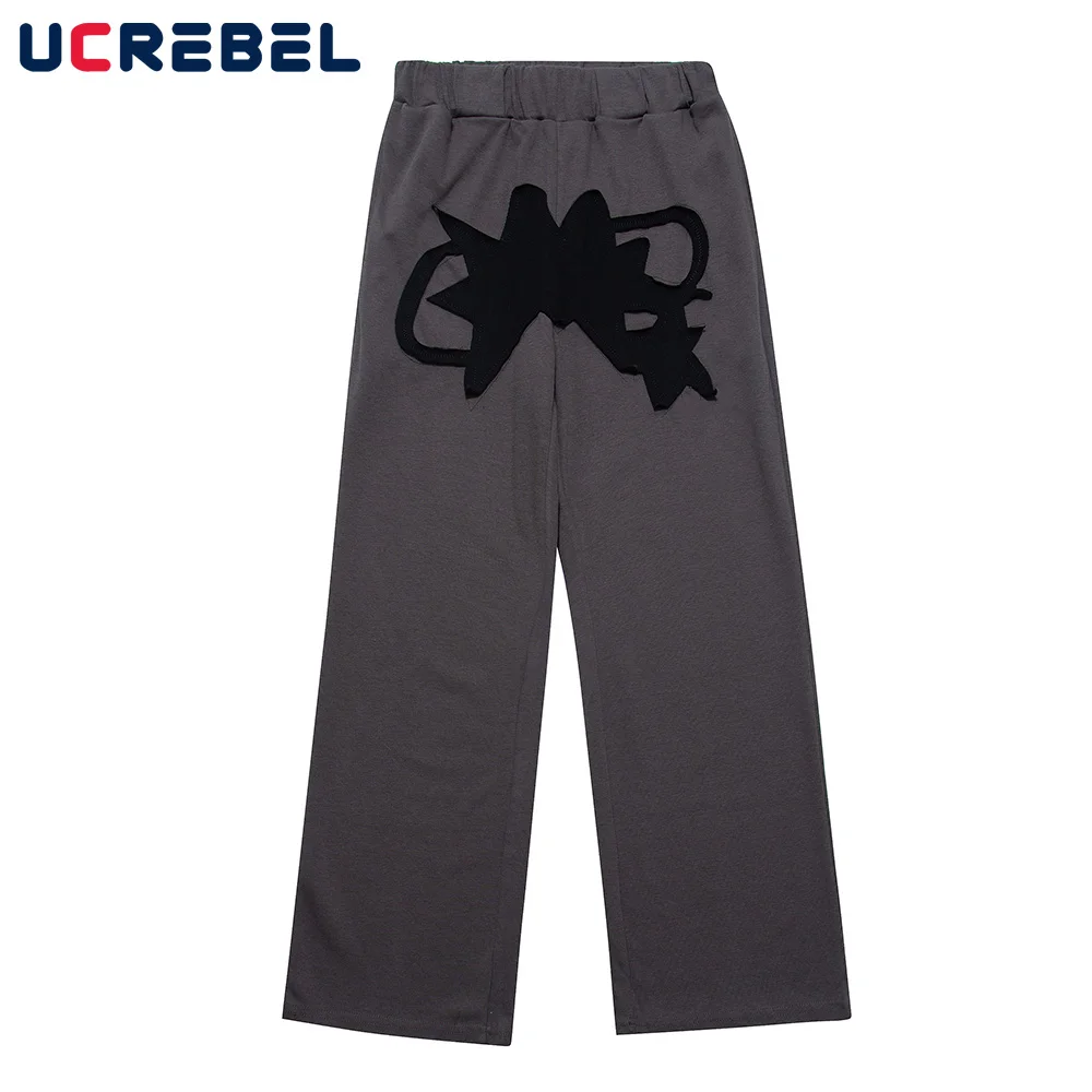 

Patch Casual Pants Mens Streetwear Drawstring Elastic Waist Loose Straight-leg Pants Simple Sweatpants Men