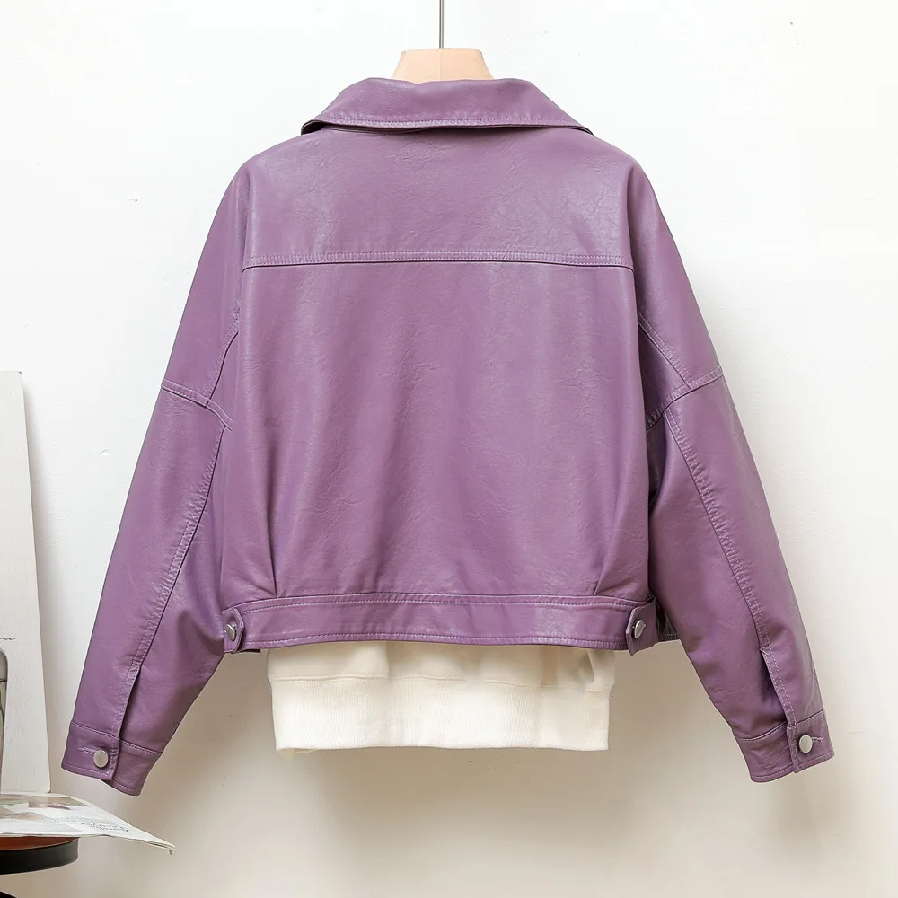 2023 Lapel single breasted large pocket women's leather jacket leather jacket slimming simple purple coat
