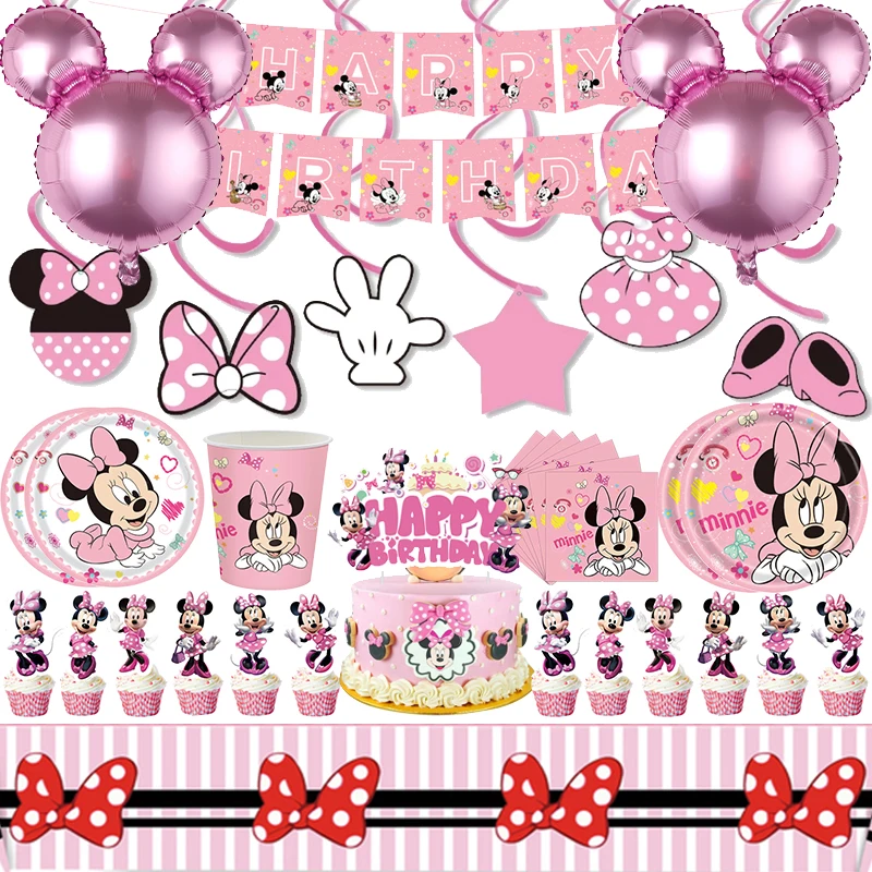 

Minnie Mouse Party Supplies Cups Plates Tablecloth Cake Toppers Banner Balloons Kids Girls Baby Bath Birthday Party Decoration