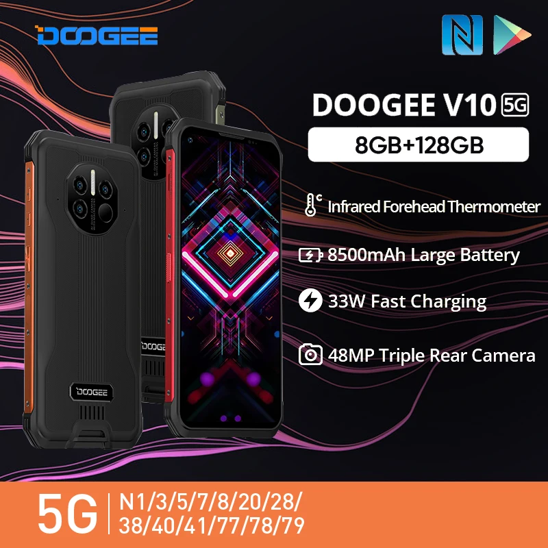

DOOGEE V10 5G смартфон Dimensity700 Восьмиядерный IP68 прочный телефон 6,39 "8 ГБ + 128 Гб мобильный телефон 48MP камера 33 Вт Быстрая зарядка 8500 мАч