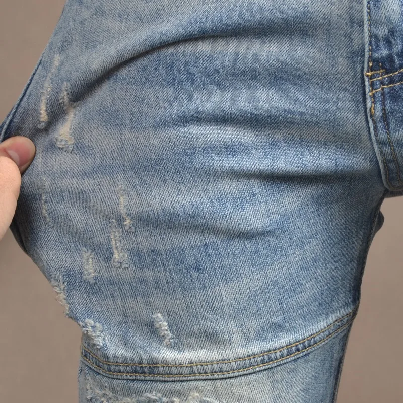 Summer Ripped Jeans Men Streetwear Casual Light Blue Patchwork Patches Pants Korean Style Fashion Slim Fit Denim Trousers