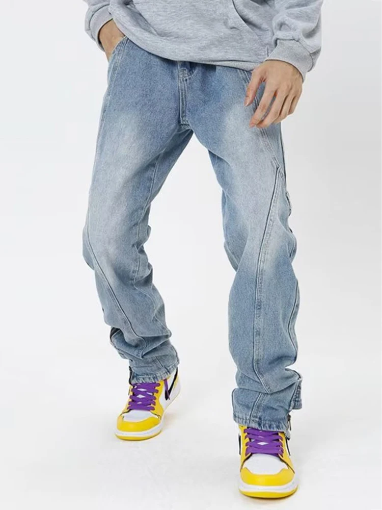 Menswear Pants New Korean Fashion Straight Tube Slim Fit Zipper Design Jeans Men Vintage Washed Male Trousers Mens Pants Denim