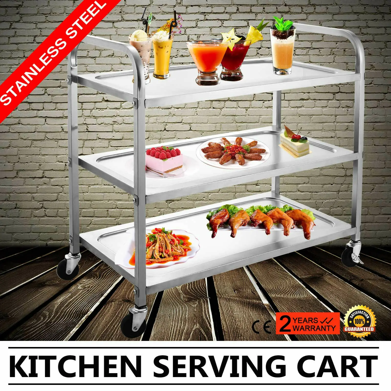 

Stainless Steel 3 Shelf Cart Kitchen Trolley Commercial Food Catering w/ Wheels