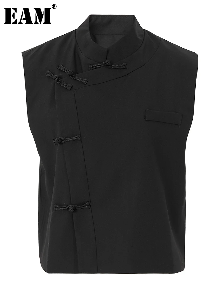 

[EAM] Women Loose Black Buckle Vintage Big Size Irregular Vest New Stand Collar Sleeveless Fashion Spring Autumn 2023 1DF7776