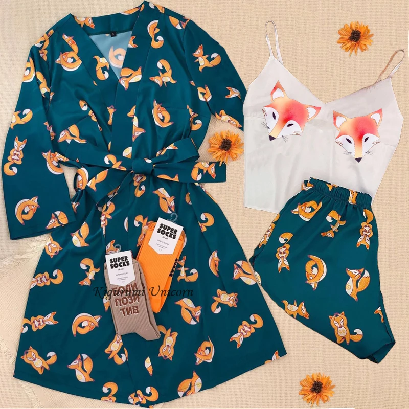 

Animal Pajamas for Woman Silk Sexy Pijamas Satin Pyjama Femme Fox Print V Neck Home Suit Sleepwear Robe Dressing Gown Flower