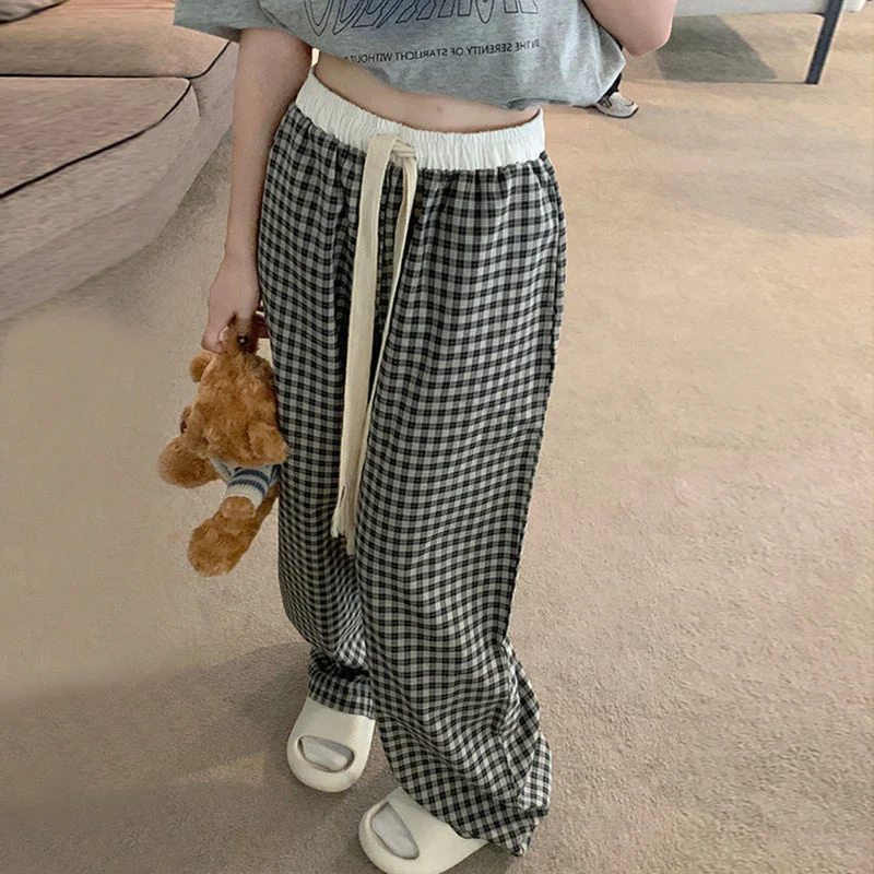 

Rimocy Drawstring Oversize Plaid Pants Women 2023 Vintage Wide Leg Checkered Trousers Woman Harajuku High Waist Straight Pants