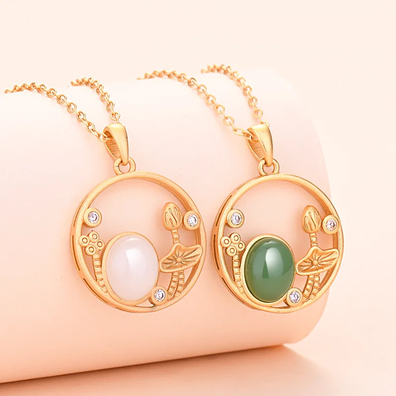 

New 2022 Designer Gold Necklace Lotus Jade Pendant Retro Palace Style Creative White Jade Clavicle Chain