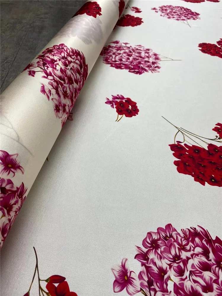 Stretch Silk Fabric Brand Printing White Hydrangea High-end Shirt Cheongsam Dress Silk Fabrics by the Yard