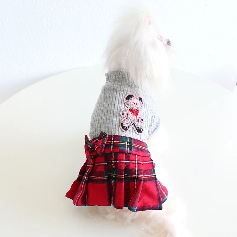 

Pet Clothes Autumn Winter Kitten Puppy Plaid Skirt Warm Wool Sweet Princess Dress Medium Small Dog Coat Poodle Chihuahua Pug Cat