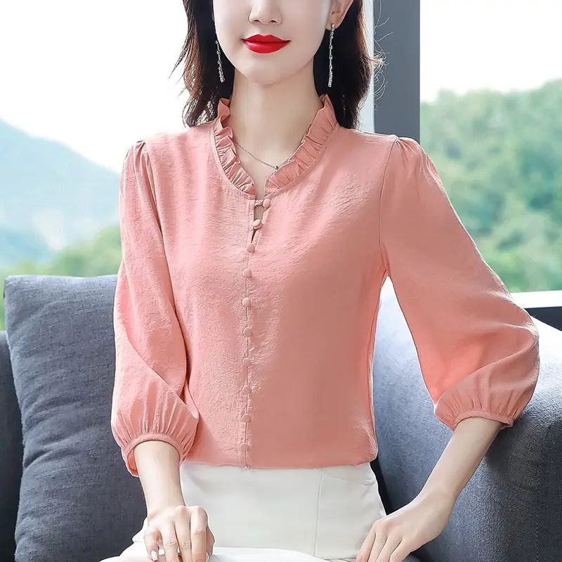 Женская одежда весенне-летний Однотонный пуловер шифоновая футболка с длинным