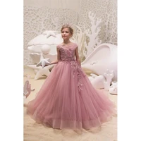 pink flower girl dress princess ball gown tulle backless floral appliques sleeveless court train girl wedding pageant party gown