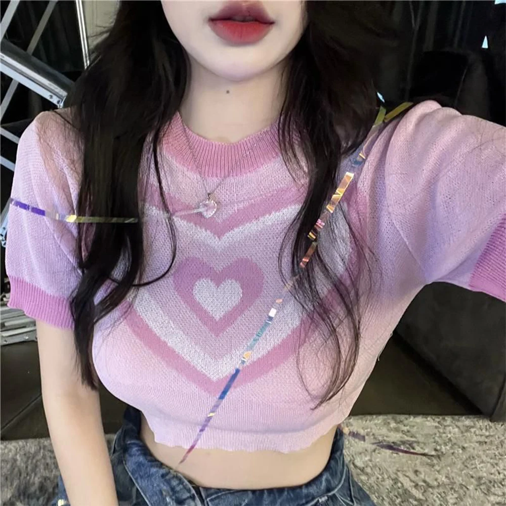 Korean Sweet Style Crop Top Sweet Heart Print Lapel Collar Women Short Sleeve Knit Sweater Tee Sexy Women T Shirt Summer New