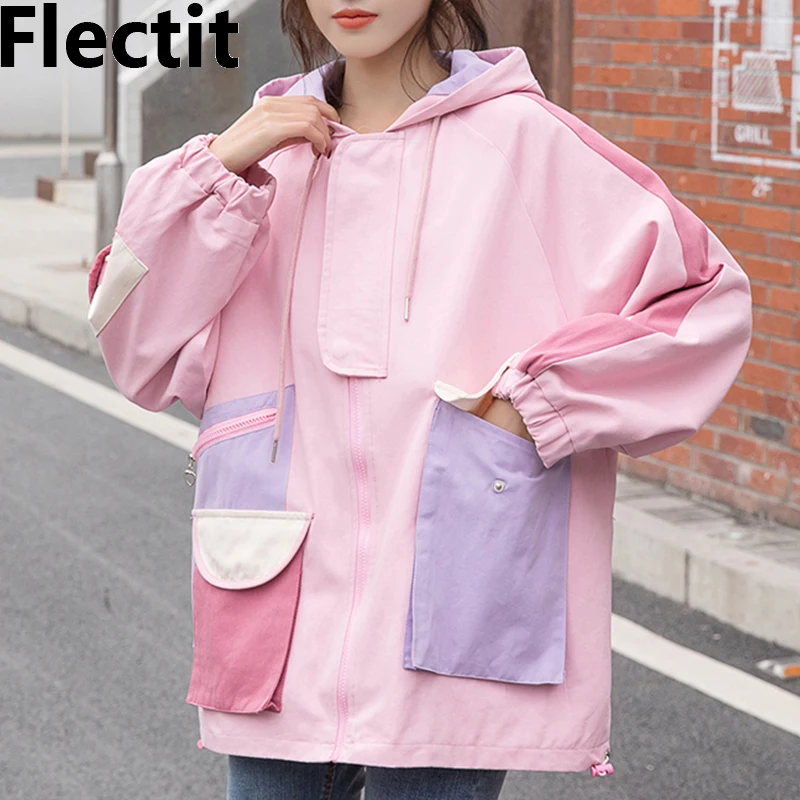 

Flectit Women Pastel Windbreaker Jacket Cute Pocket Color Block Duster Souvenir Sukajan Jacket Japanese Girls Harajuku Style