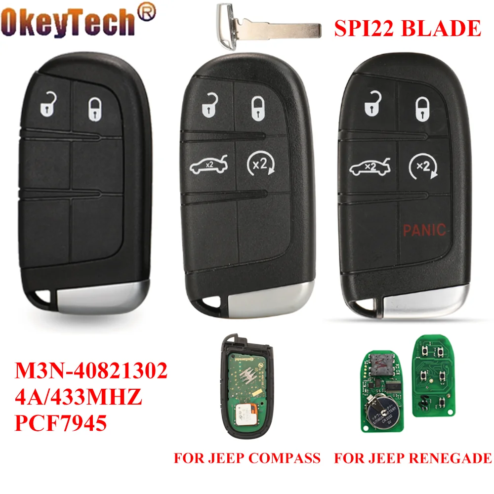 

OkeyTech Remote Car Key 433Mhz ASK 4A Chip For JEEP Compass Renegade 2017-2022 M3N-40821302 68250343AB SPI22 Blade 2/4/5 Buttons