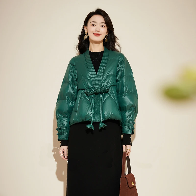 Chinese style knot puffer jacket warm Women High street Batwing sleeve 90% white duck down coat 2023 New clothing INKEO 2O373