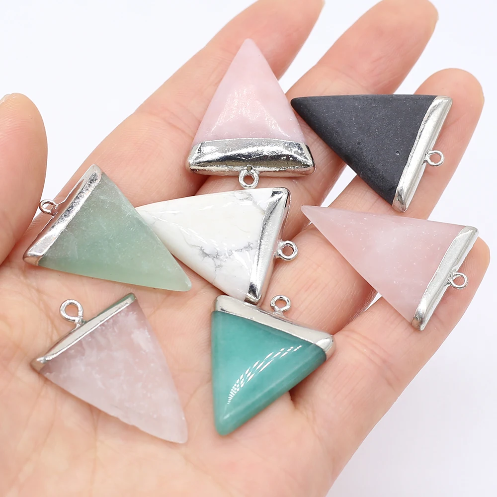 Купи Natural Stones Pendant Triangle Silver Edge Crystal Rose Quartz Turquoise Volcanic Rock Charms for Jewelry Making DIY Necklace за 109 рублей в магазине AliExpress