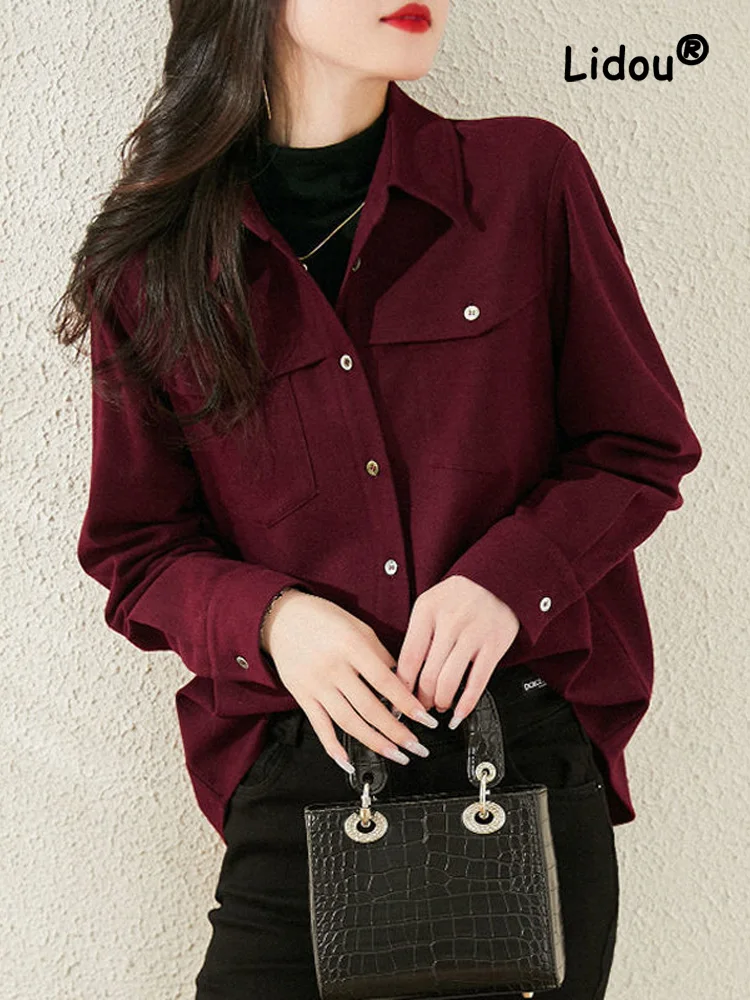 Casual Burgundy Pocket Single-breasted Blouse Women New Long Sleeve High-grade Young Lady Solid Color Temperament Shirt 2022