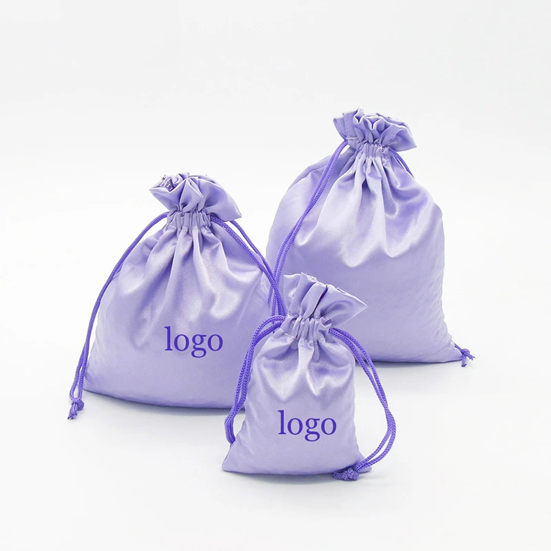 Custom Logo Print Satin Drawstring Bag Purple Elastic Silk Pouch Packaging Jewelry Hair Shoe Cosmetic Gift Reusable Sachet 50PCS