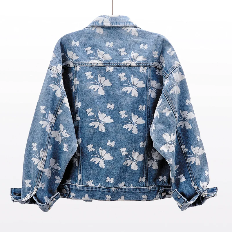 

Korean Spring Fashion Butterfly Print Denim Women Blue Outerwear Casual Loose Short Jeans Jacket Coat Female Streetwear