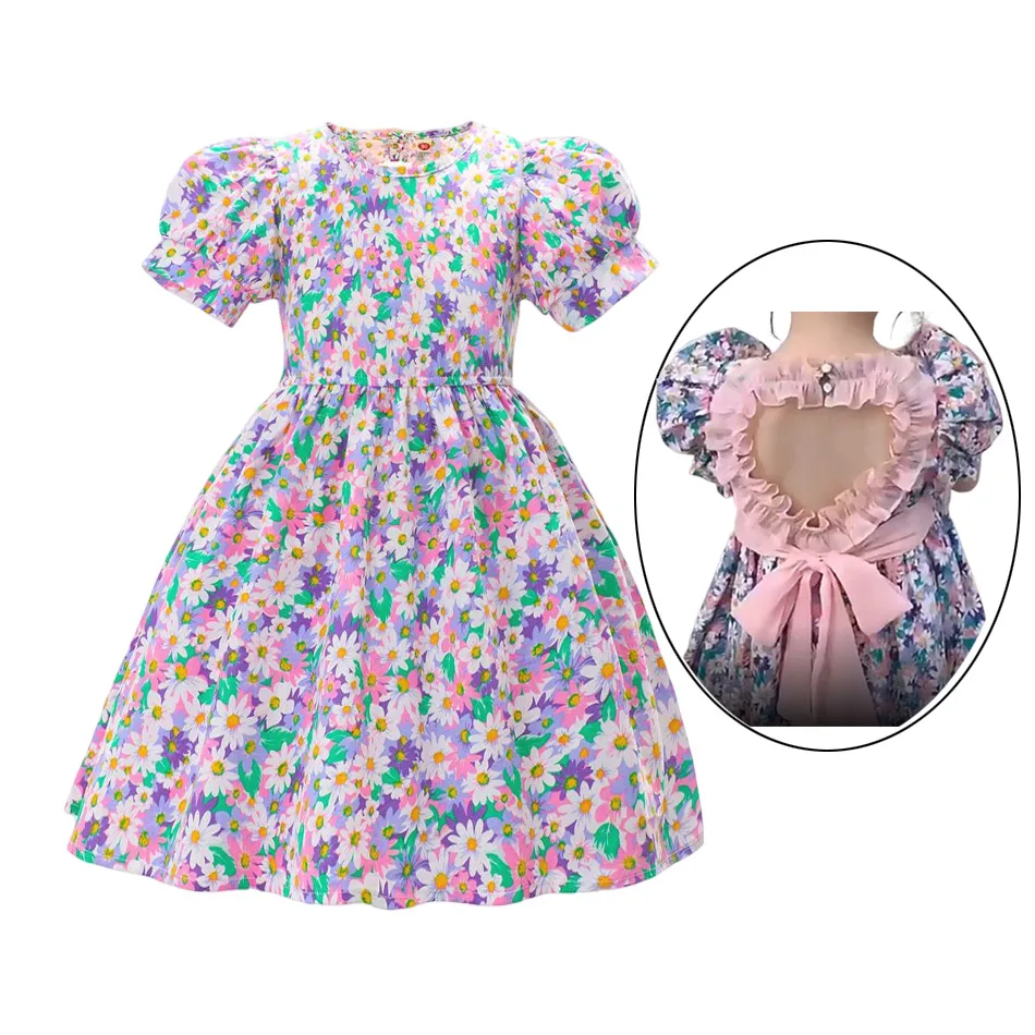 

New Summer Floral Dress for Little Girls Knee Length Short Sleeve Casual Frocks Toddler A Line Linen Clothing Children Vestido