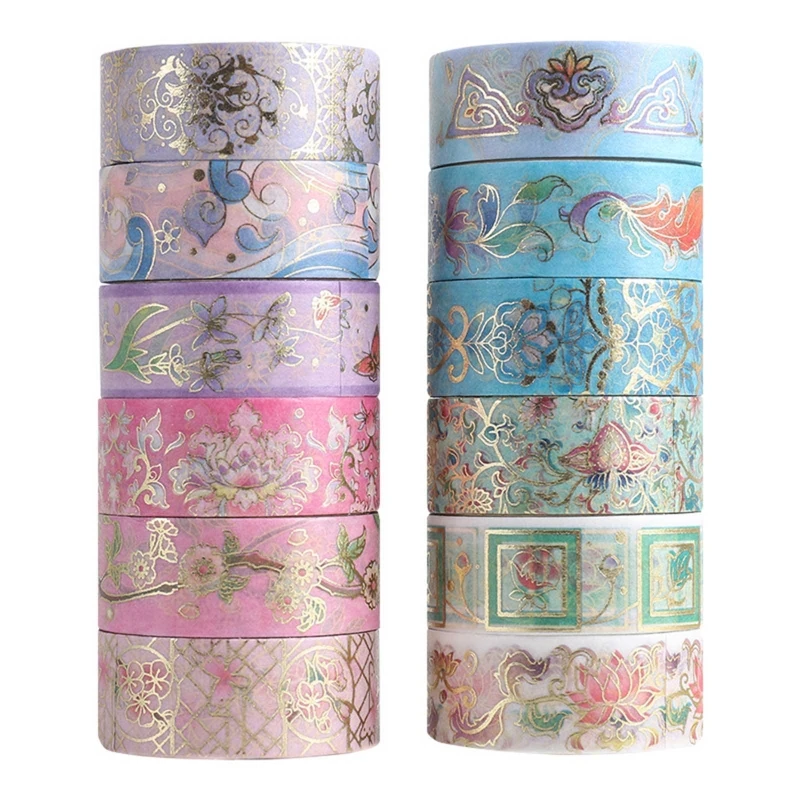 

12Pcs Washi Tapes Set Scrapbooking Tape Aesthetic Bronzing Stickers Class Rewards Party Supplies for Children Students