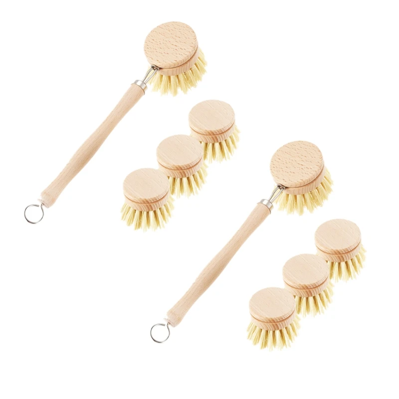 

2X Wear Resistant Kitchen Dish Brush Retro Wooden Pot Brush With Long Handle - Pot Cleaning Brush With Replaceable Head