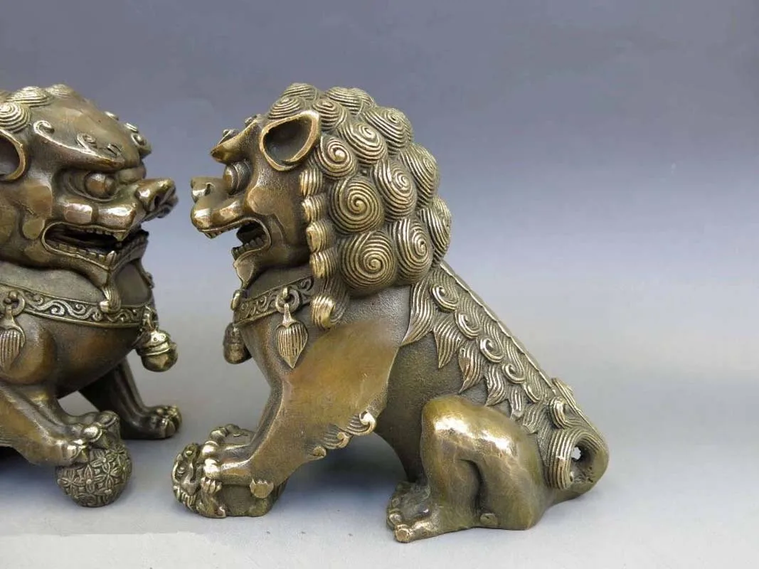 Китайская антикварная бронза Feng Shui Fu Foo Dog Статуя льва Дверной бог пара львов