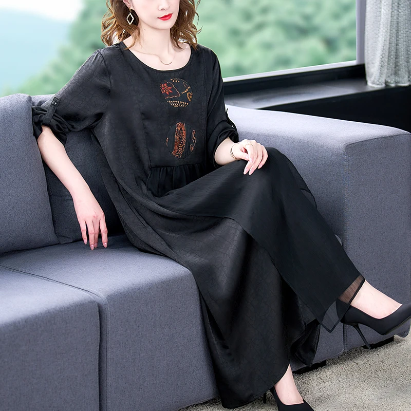 

Women Black Print Mulberry Silk V-Neck Midi Dress Spring Summer Fashion Tassel Elegant Dress 2022Korean Vintage Hepburn Vestidos