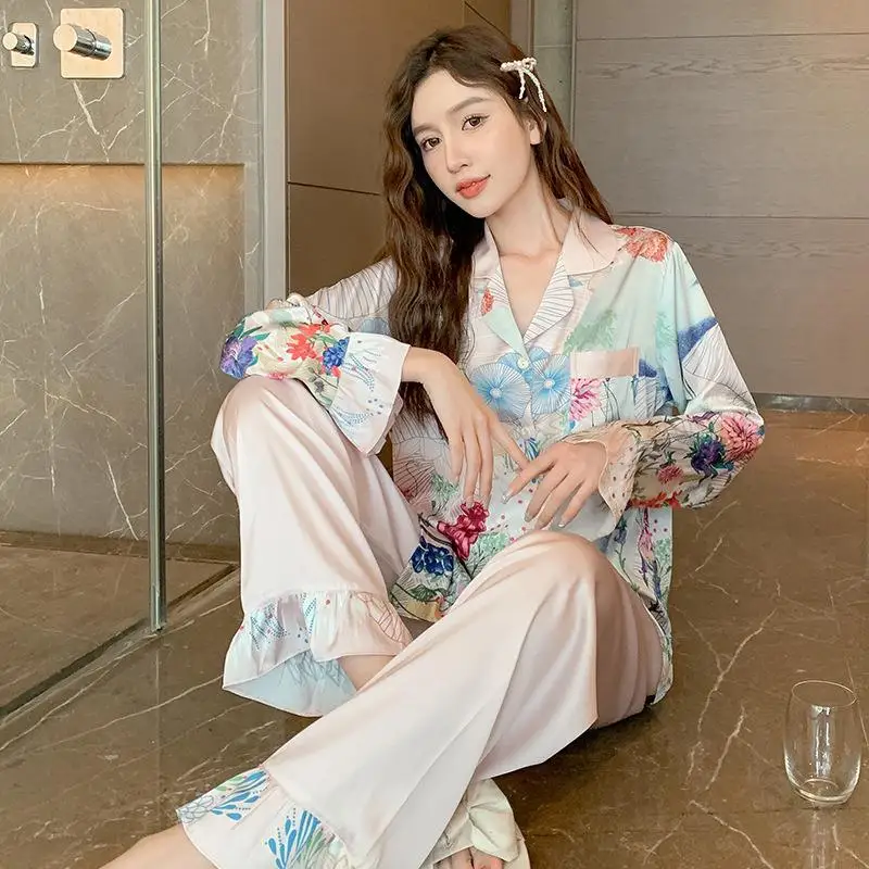Spring Satin Female Print Sleepwear Women's Pajamas Silk Long Sleeve Pants Set 2 Pcs Temperament Pijamas Women Casual Home Suit