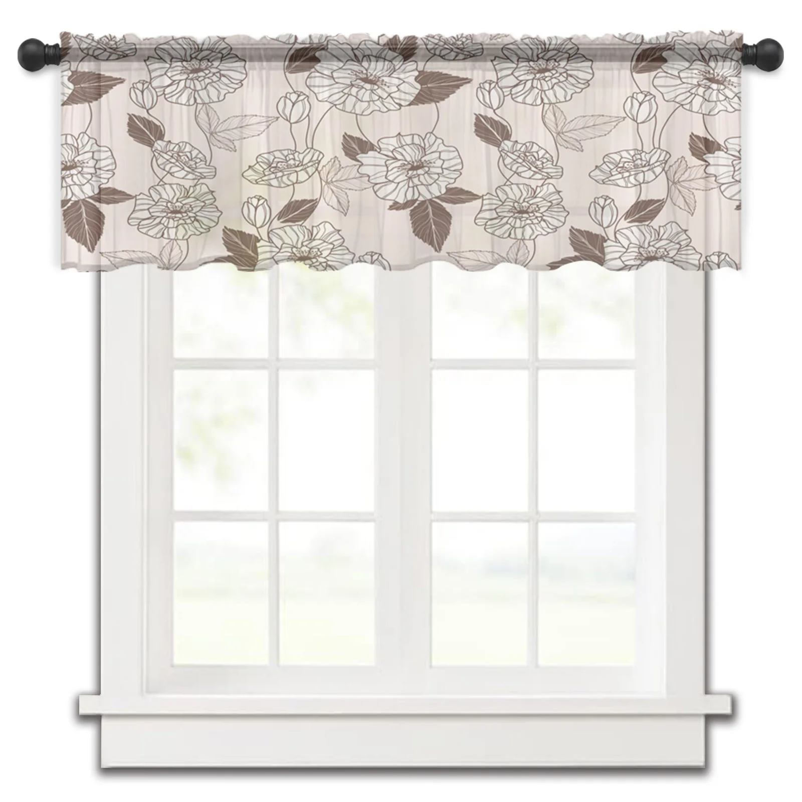 

Poppy Flowers Art Brown Leaves Kitchen Small Curtain Tulle Sheer Short Curtain Bedroom Living Room Home Decor Voile Drapes
