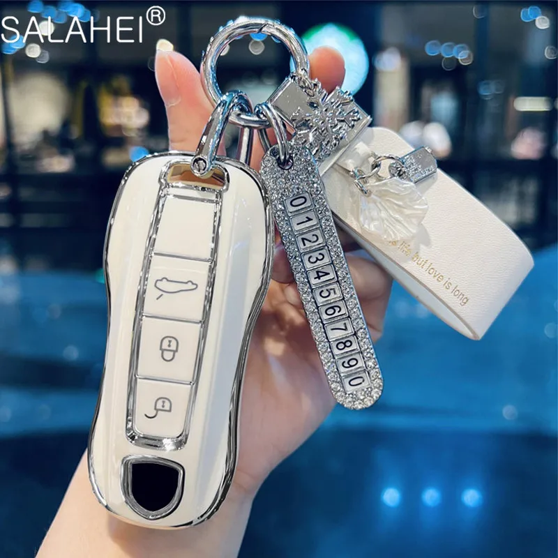 

Чехол для автомобильного ключа из ТПУ, оболочка, табличка с номером от потери для Porsche Boxster Cayman 911 Panamera 718 Cayenne Macan Taycan, аксессуары