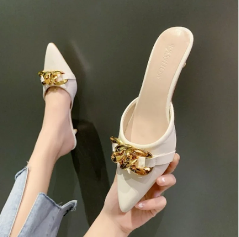 

Women Summer Flip Flops Chain Pointed Toe Slippers Sandals Shoes Woman Casual Slides Mules Babouche Mujer Sexy High Heels