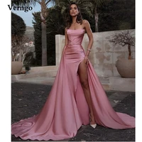 verngo dusty pink satin long evening dresses detachable train high slit sexy strapless women party dress women formal prom gown