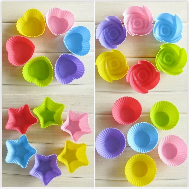 

New in 6pcs Muffin Cake Mold Heart star Flower round shape Cupcake cup Heat Resistant Nonstick Silicone Soap mould Reusable Baki