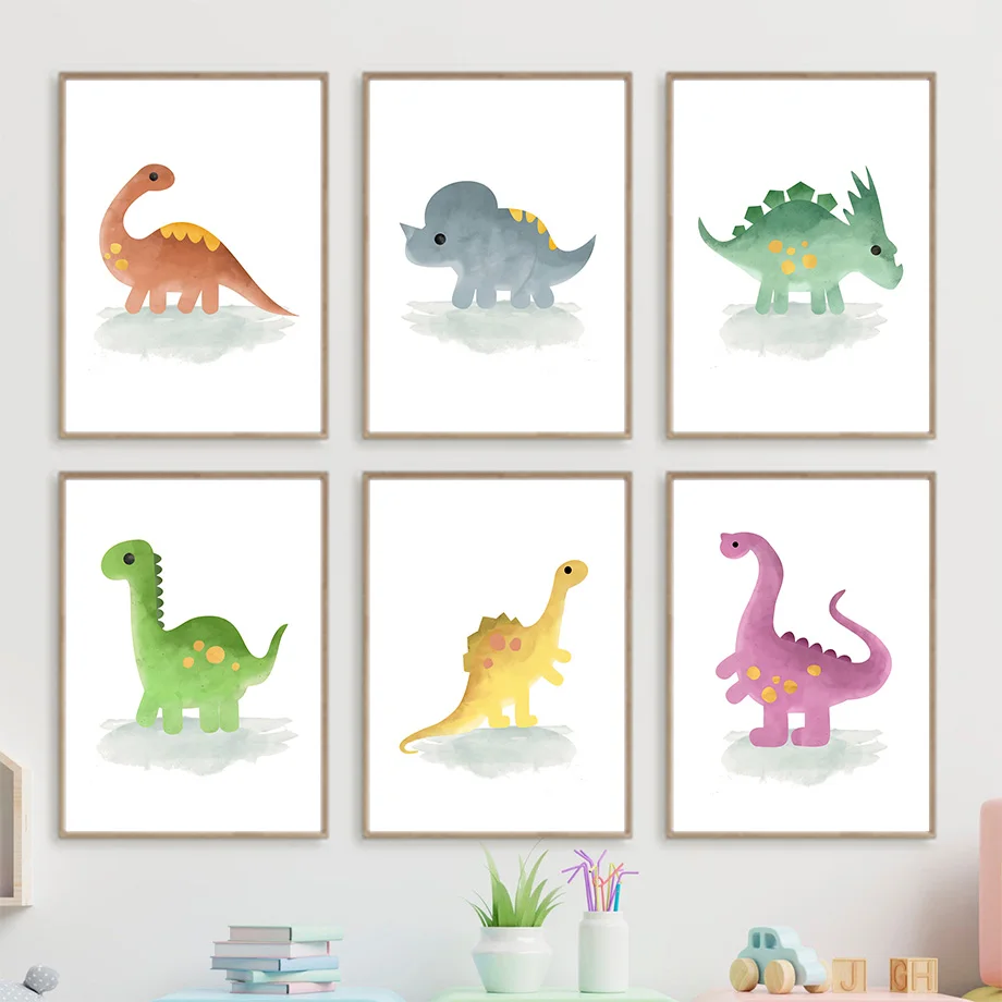 

Красочный минималистичный динозавр настенная Картина на холсте скандинавские постеры и принты Мультяшные настенные картины для ребенка Декор детской комнаты