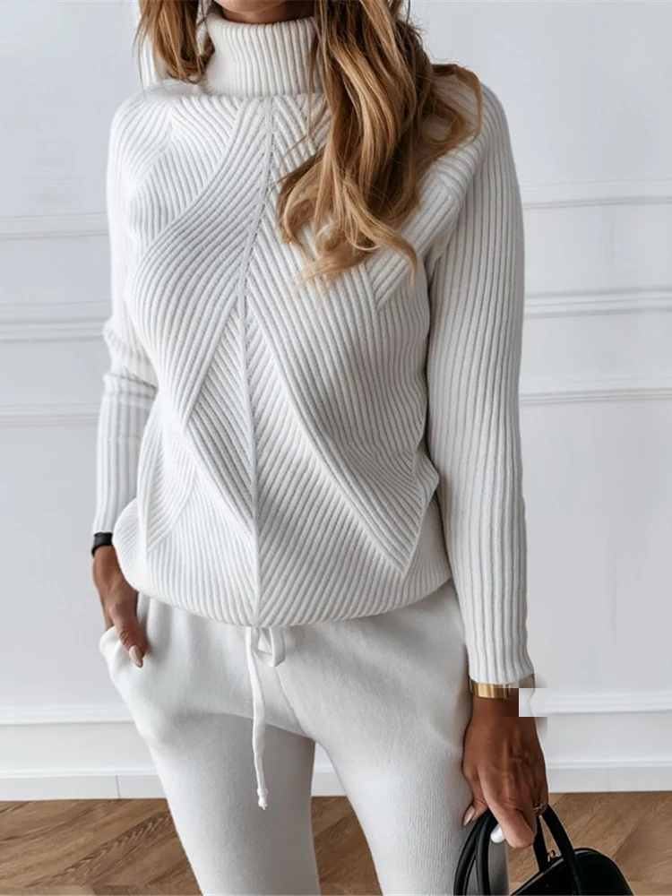 

Women's Pant Sets Autumn Winter Tracksuit Striped Turtleneck Sweater Elastic Trousers Suits Knitted Two Piece Set Woman Clothing