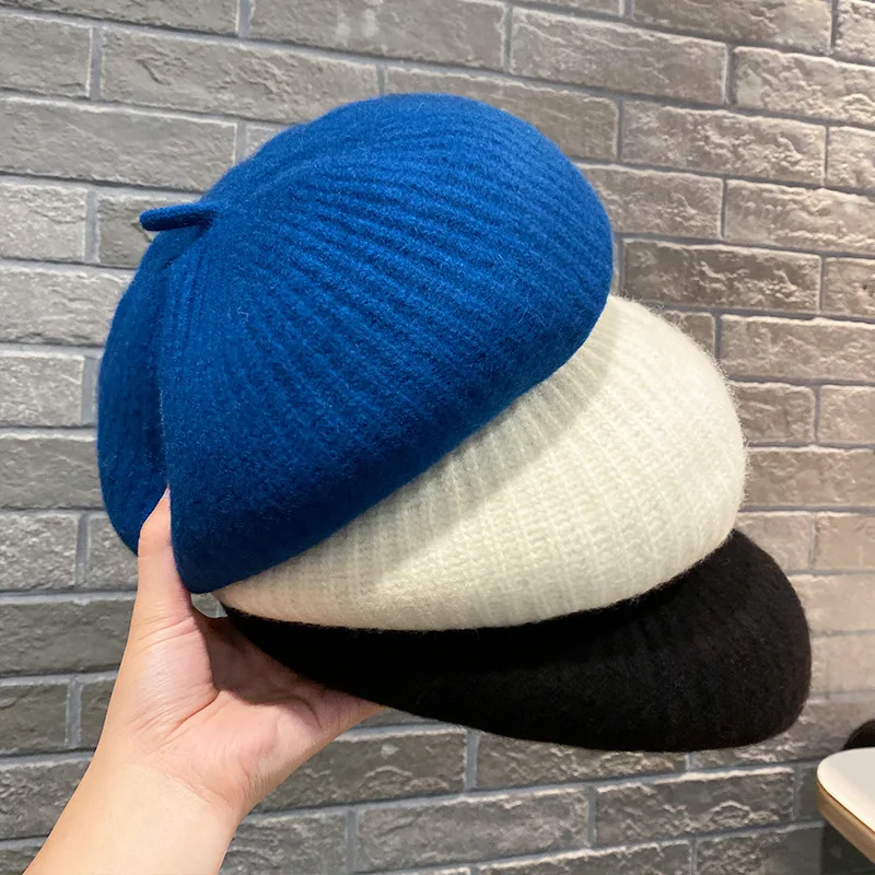 

Синий вязаный берет для женщин осень-зима теплая шапка художника