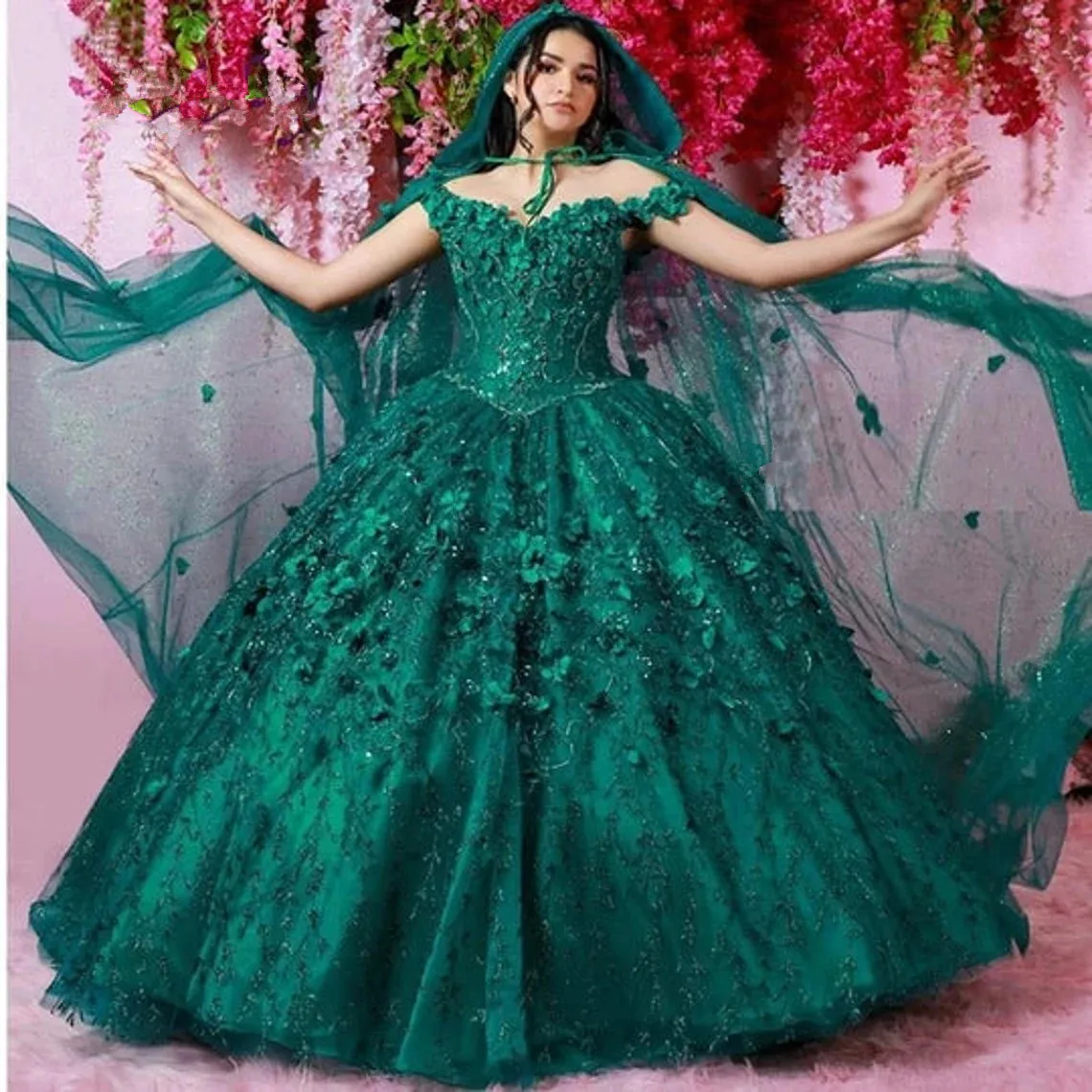 

Темно-синее милое 16 Quinceanera 3D цветочные платья с блестками Кружевная аппликация