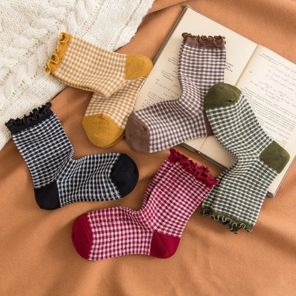 

Breathable Mid-tube Wooden Ears Women's Socks Small Squares Stripes Women's Cotton Socks Square Jacquard Original Design