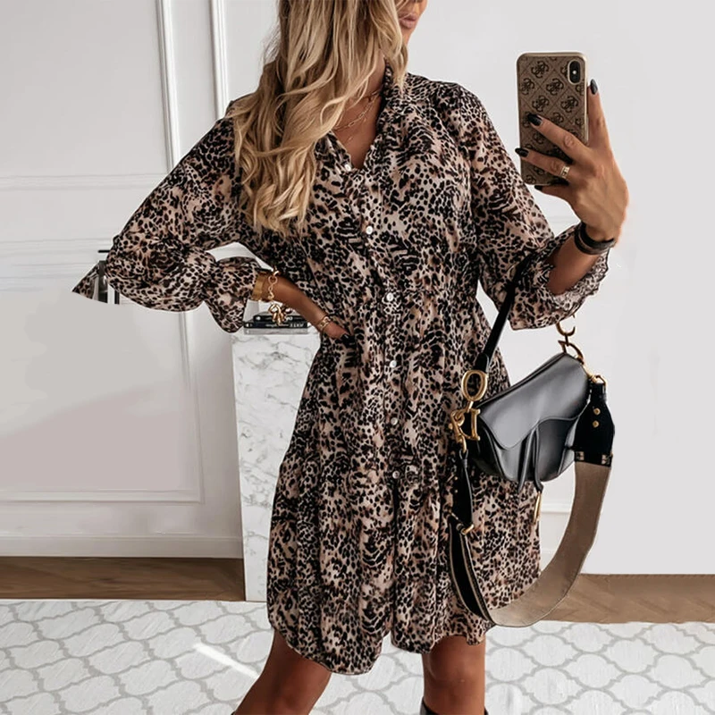 Женское Повседневное платье на пуговицах свободное леопардовое большого